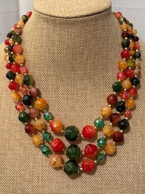 Vintage Hong Kong Triple Strand Multi colored beaded Statement Necklace #A115